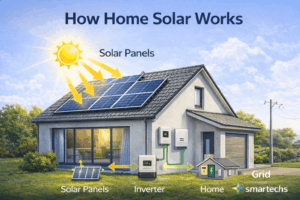 How home solar works in South Africa showing solar panels, inverter, battery, home electricity usage and grid backup