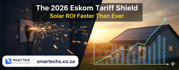 Smartechs.co.za 2026 Eskom tariff shield infographic showing solar ROI growth and hybrid inverter system.