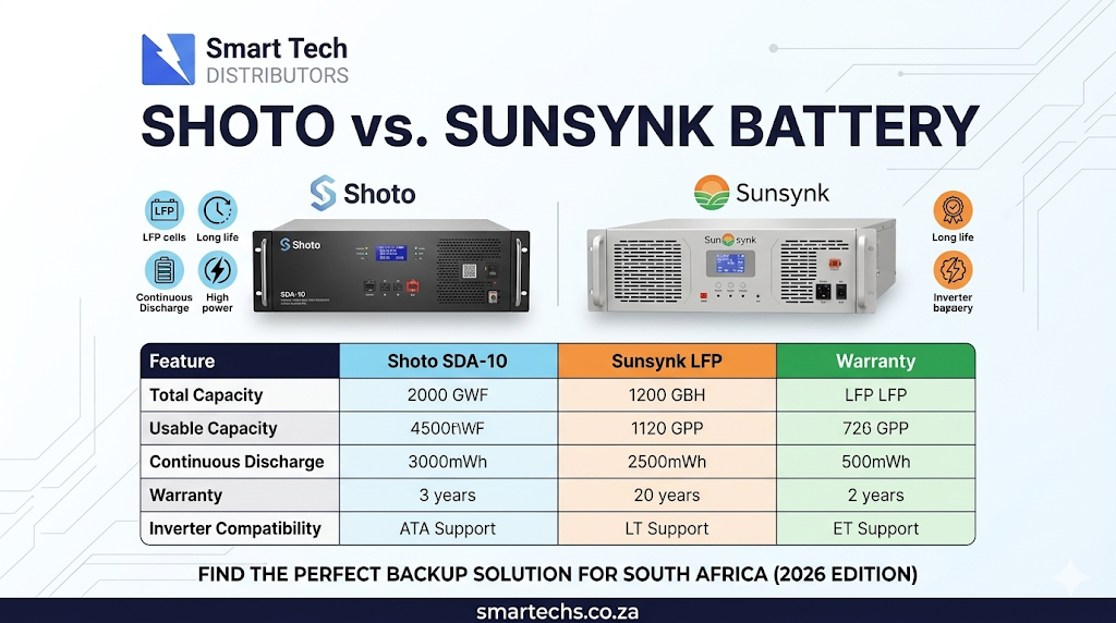 Comparison of Shoto 5.12kWh and Sunsynk 5.12kWh lithium-ion batteries in South Africa.